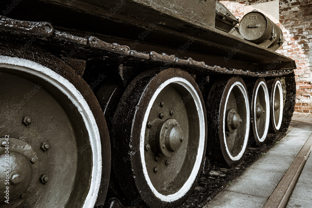 Caterpillars of the old Soviet military machine. In the park there are exhibits of military equipment.
