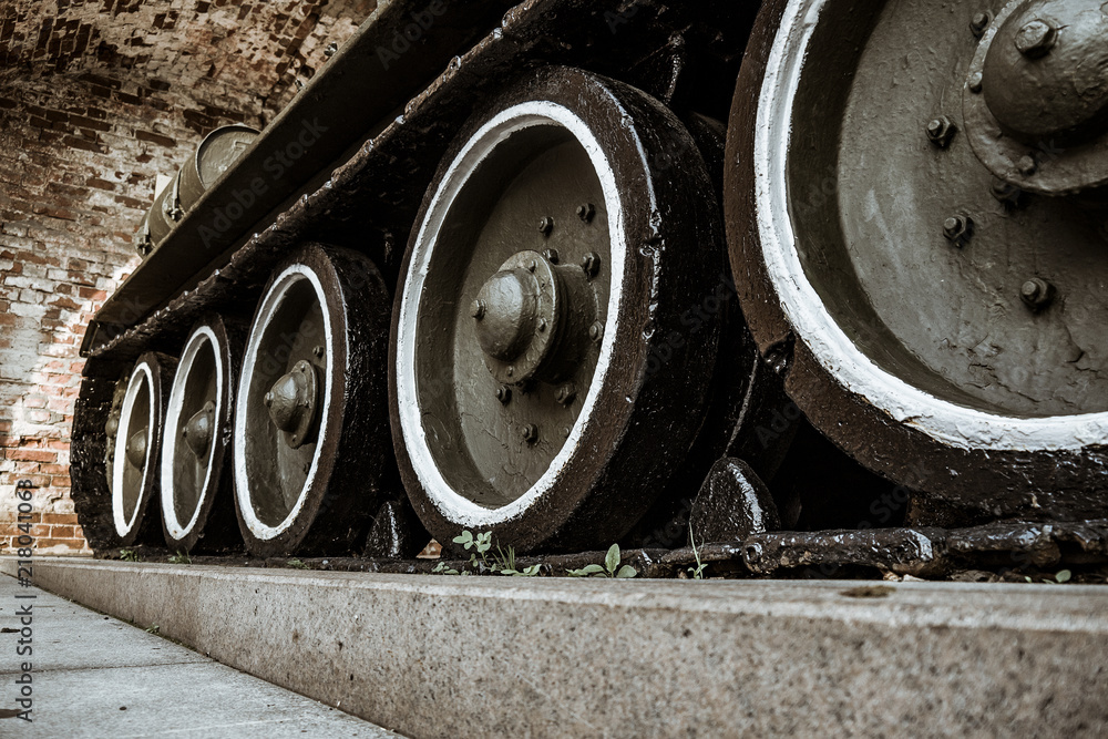 Caterpillars of the old Soviet military machine. In the park there are exhibits of military equipment.