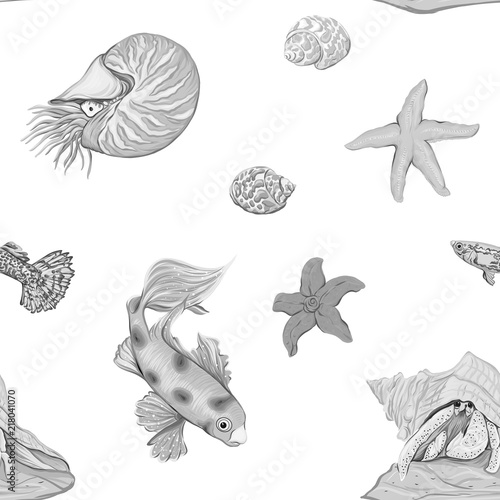 Sea world seamless pattern, background with fish, corals and shells on white background. Stock vector illustration. In monochrome gray colors