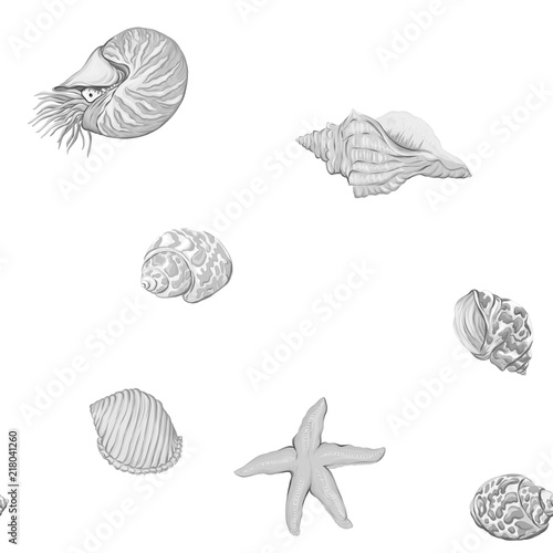 Sea world seamless pattern, background with fish, corals and shells on white background. Stock vector illustration. In monochrome gray colors