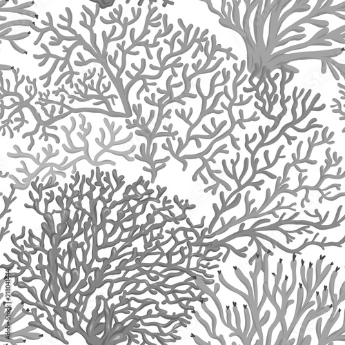 Sea world seamless pattern, background with fish, corals and shells on white background. Stock vector illustration. In monochrome gray colors