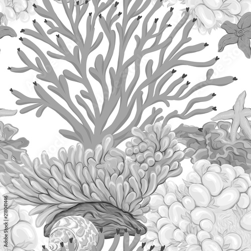 Sea world seamless pattern, background with fish, corals and shells on white background. Stock vector illustration. In monochrome gray colors