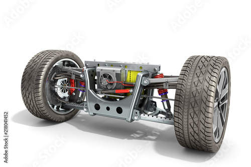 electric car cystem wheelbase with electric vehicle drive system and battery pack 3d render on white