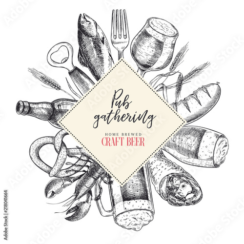 Hand drawn Oktoberfest pub poster. Beer and snacks. Vector glass, bottle, opener, fish, pretzel, barley, hop, food. Bar alcohol beverages. Craft brewery. Discount banner, festival menu, flyer, poster.