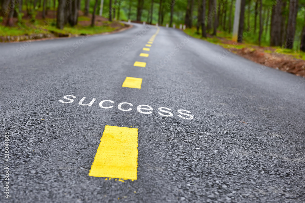 Words of success with yellow line marking on road surface in the park, transportation concept and business idea Words of success with yellow line marking on road surface in the park, transportation concept and business idea