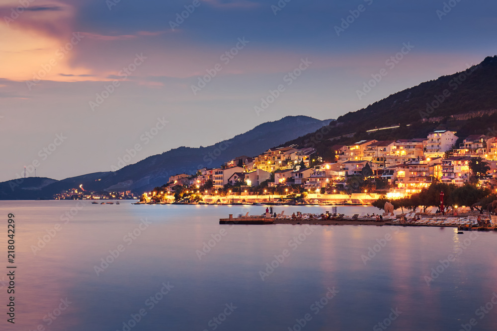 Beach and the city of Neum in Bosnia and Herzegovina at dusk