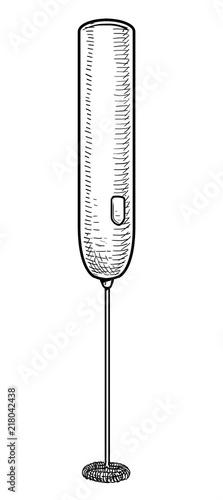 Milk frother, shaker, whisker, foamer illustration, drawing, engraving, ink, line art, vector