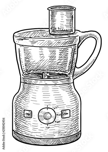 Electric food processor illustration, drawing, engraving, ink, line art, vector