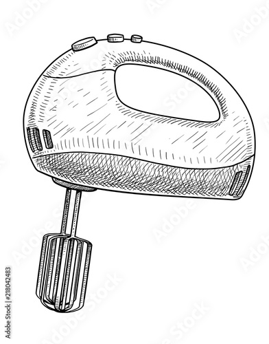 Hand mixer illustration, drawing, engraving, ink, line art, vector