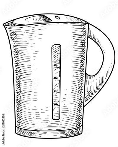 Electric kettle illustration, drawing, engraving, ink, line art, vector