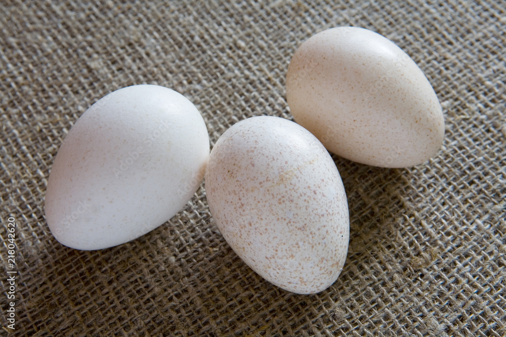Three eggs of turkey lie on the textured fabric. Three eggs of turkey lie on the textured fabric.