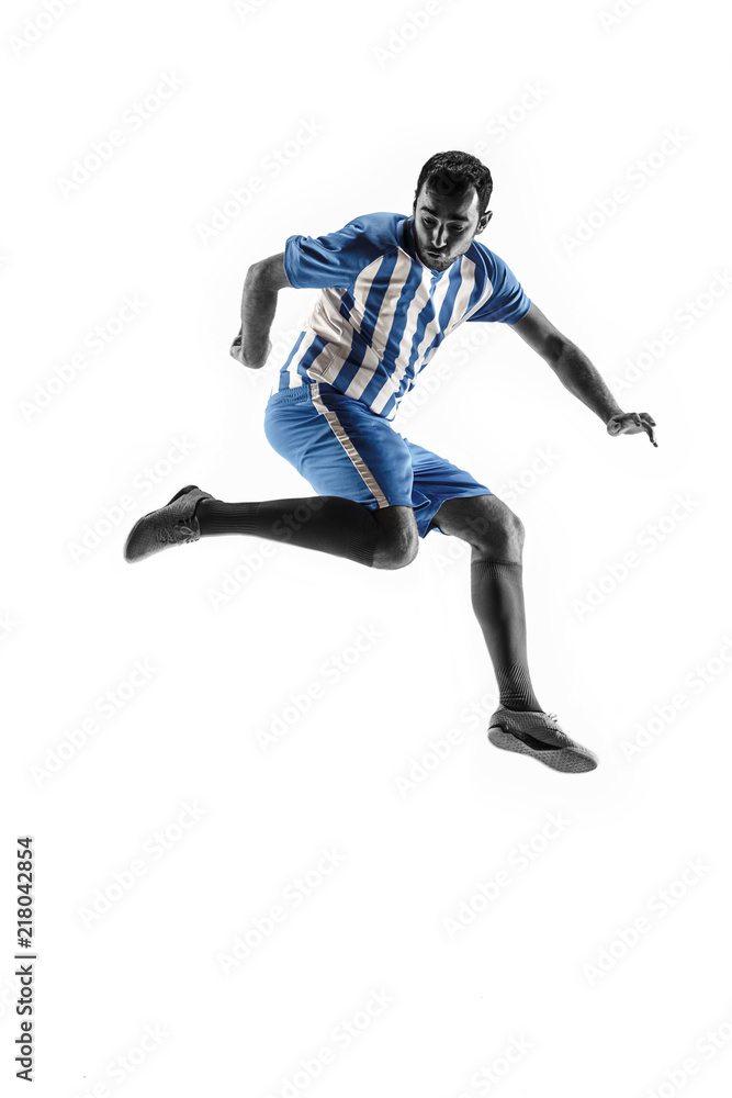 Professional football soccer player in action or movement isolated on white studio background