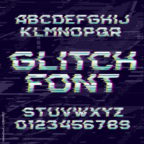 Glitch alphabet font. Distorted type letters and numbers on a glitched background. Vector typeface for typography design.