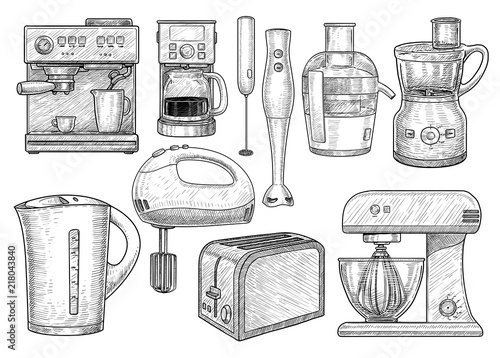 Kitchen electronic tool collection illustration, drawing, engraving, ink, line art, vector