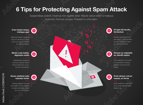 Simple Vector infographic for 6 tips for protecting against spam attack template isolated on dark background. Easy to use for your website or presentation.