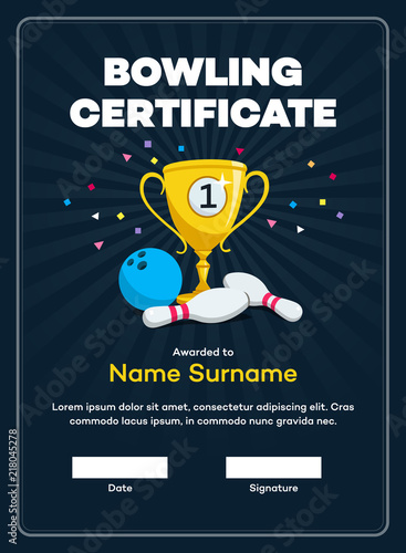 Modern first place bowling certificate diploma with a gold winning cup and place for your content. Isolated on dark background with transparent shadows.