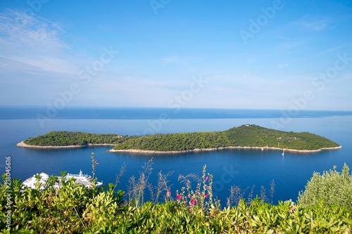 Lokrum the Cursed Island near Dubrovnik in Croatia with Luxury yacht in background