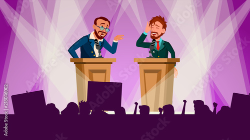 Political Meeting Vector. Discussing Problems. International Conference. Tribune. Big Audience. Pre-election Campaign. Flat Cartoon Illustration