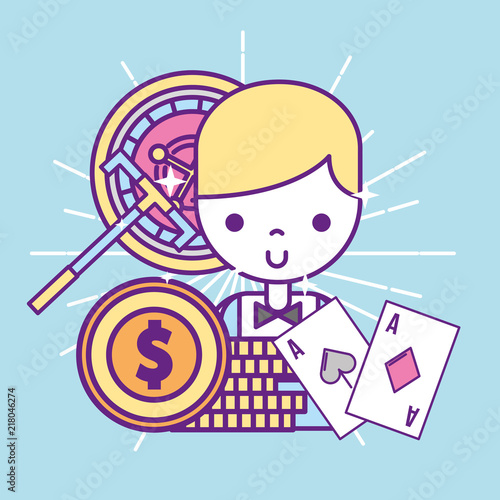 casino croupier male stack dollar coins cards and roulette vector illustration