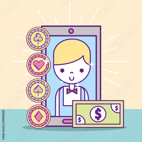 casino croupier male smartphone banknote application online vector illustration