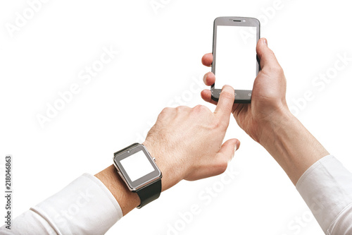 Man's hands using smartphone and smartwatch, isolated mock-up