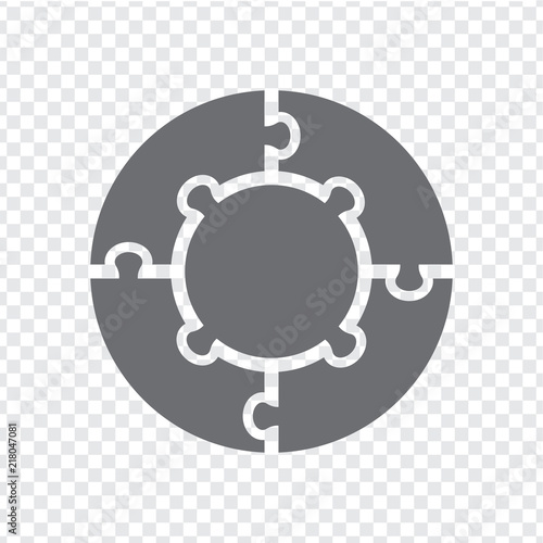 Simple icon circle puzzle in gray. Simple icon circle puzzle of the four and center elements on transparent background. Flat design. Vector illustration EPS10.