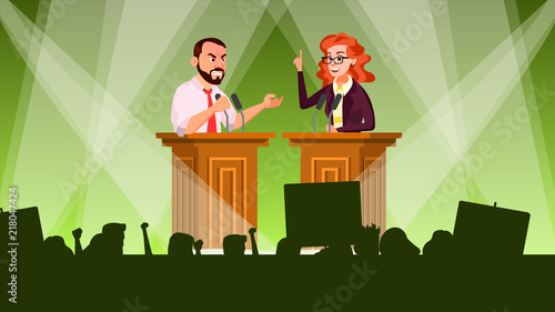 Political Meeting Vector. Political Campaign. Tribune. Speaker Training. Persuades To Vote. Advertising Of Candidate. Flat Cartoon Illustration