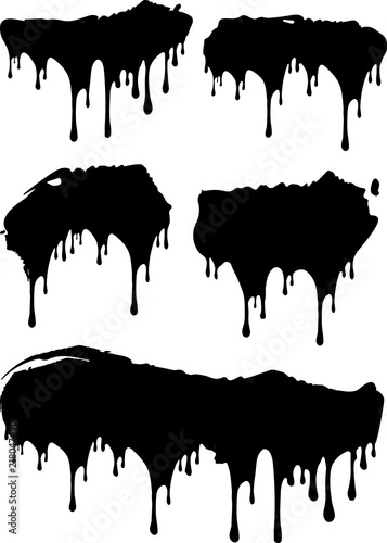 Set of 4 black grunge decors with paint drips. Vector illustration for your design.