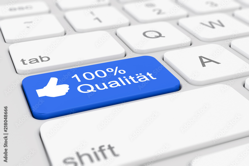 Computer-Tastatur mit einer blauen Taste und der Aufschrift 100% Qualität Computer-Tastatur mit einer blauen Taste und der Aufschrift 100% Qualität