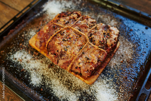 Wallpaper Mural Juicy delicious piece of pork in the pan cools, it is served cold as a thinly sliced steak sauce may be different, served with grilled vegetables served Torontodigital.ca