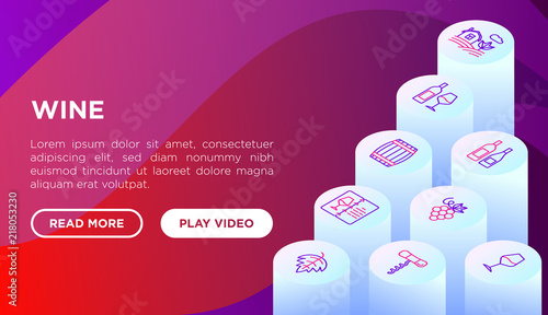 Wine concept with thin line isometric icons: corkscrew, wine glass, cork, grapes, barrel, list, decanter, vineyard, shop, delivery. Modern vector illustration, web page template on gradient background