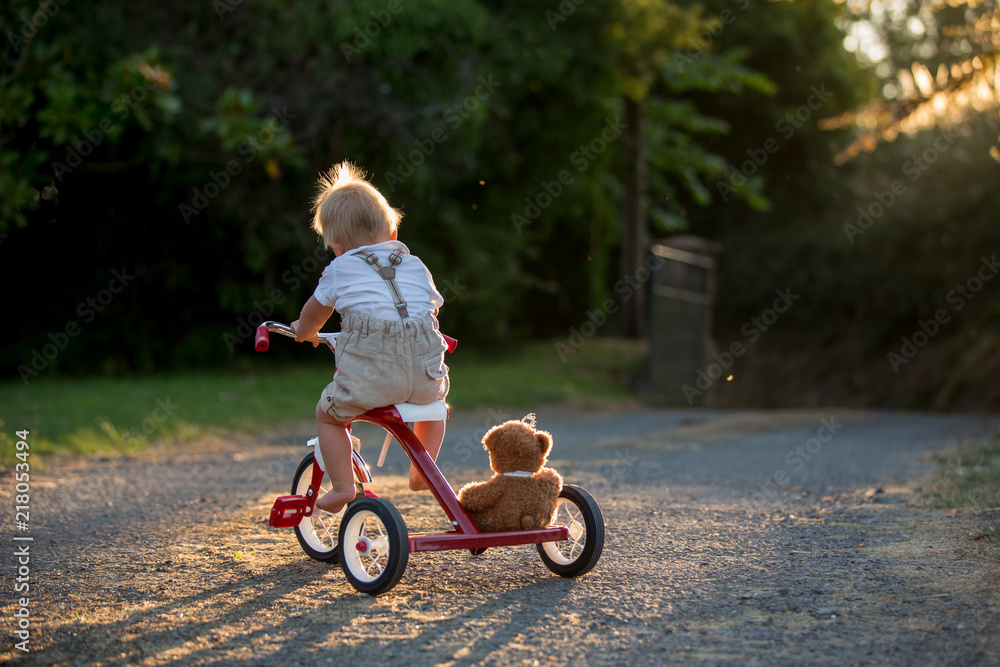 Cute toddler child, boy, playing with tricycle in backyard on sunset Cute toddler child, boy, playing with tricycle in backyard on sunset