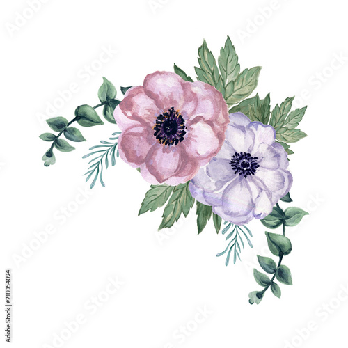 Watercolor gouache anemone floral and leaves Bouquet hand drawn Elegant flower