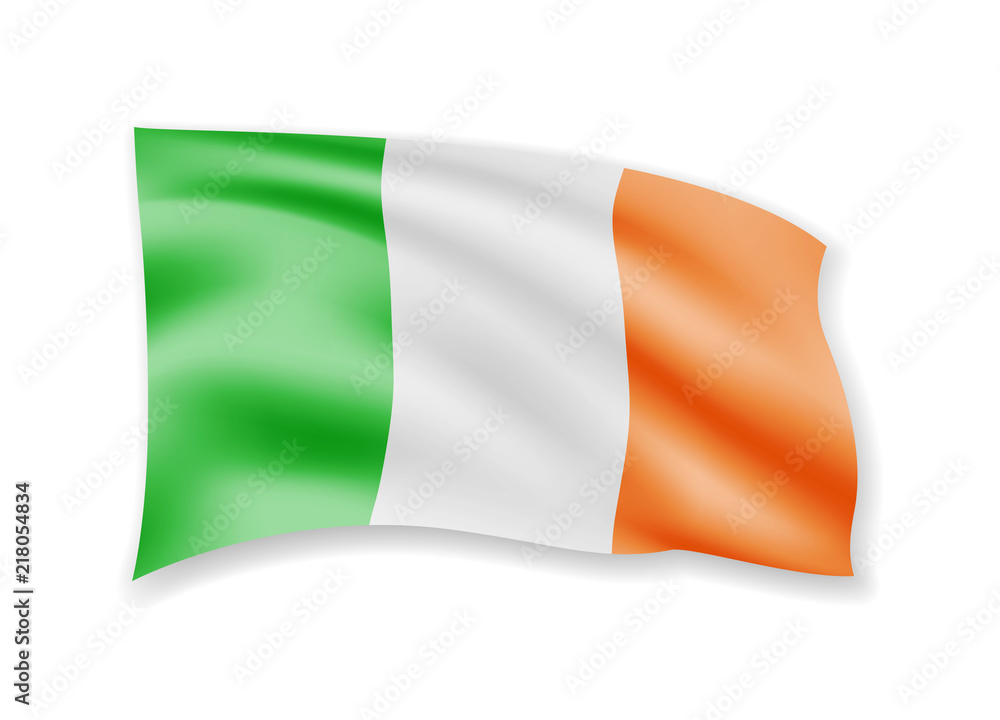 Waving Ireland Flag on white. Flag in the Wind. Waving Ireland Flag on white. Flag in the Wind.