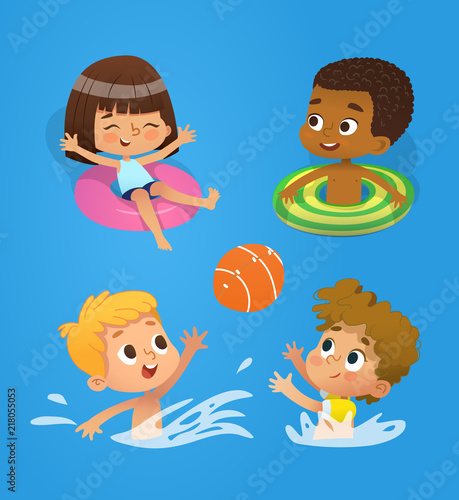 Pool character. Multiracial Children have fun in pool. Children playing with a ball in the water. Girl swimming in an inflatable ring