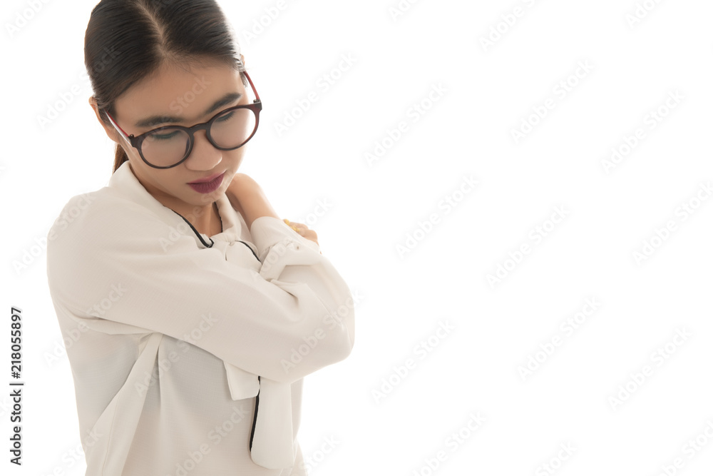 Asian business woman neck ache when working, use hand catch her neck pain from hard working long time over white background. Free from copy space. Office syndrome concept. Asian business woman neck ache when working, use hand catch her neck pain from hard working long time over white background. Free from copy space. Office syndrome concept.