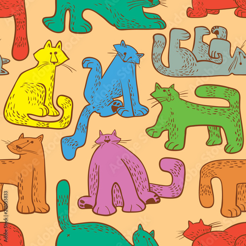 Seamless pattern with funny cats. Background with domestic pets in incomlete cute childrens style. photo