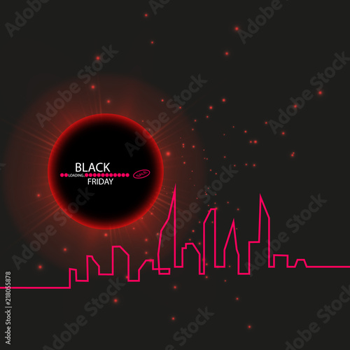 Black Friday sale inscription design template. Eclipse. Black Friday banner. Vector illustration. Black Background with an Abstract City Skyline with Loading Bar