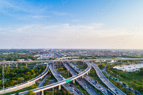 Aerial view transport city overpass road with vehicle movement