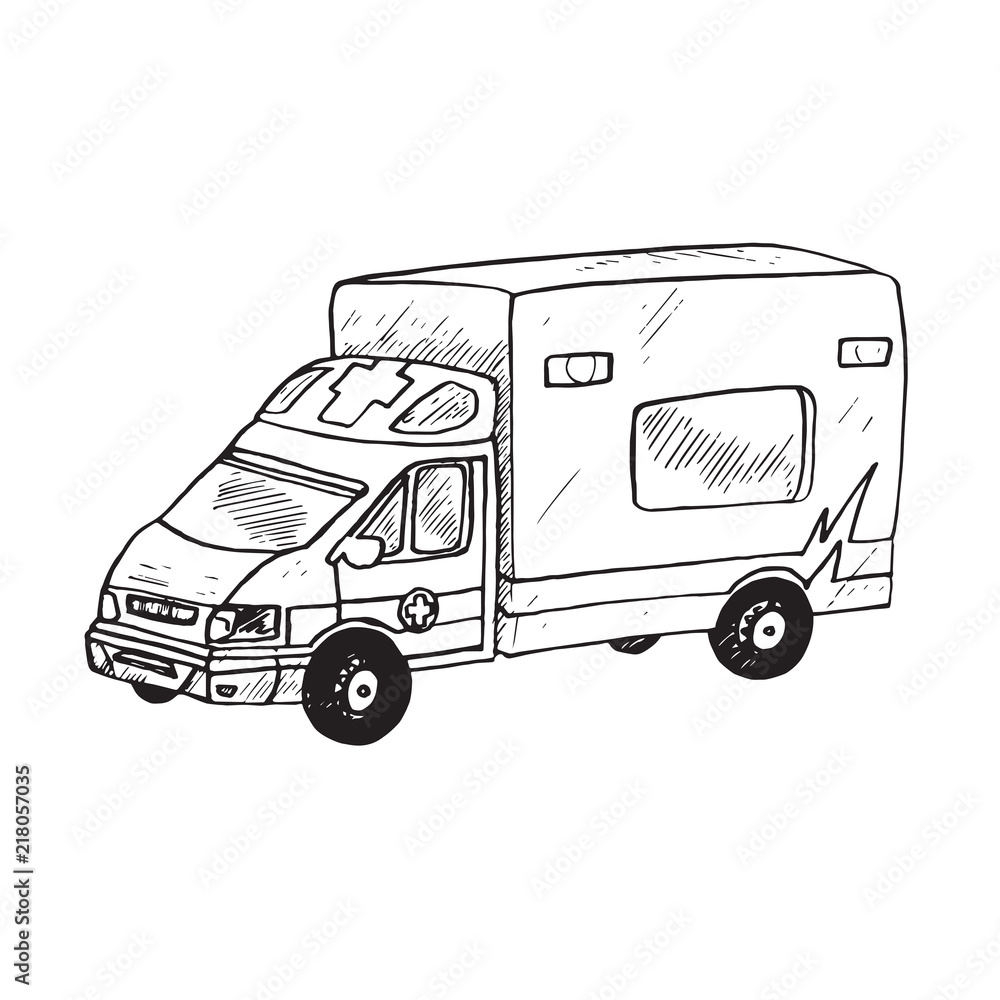 Ambulance car, hand drawn doodle sketch, isolated vector outline illustration