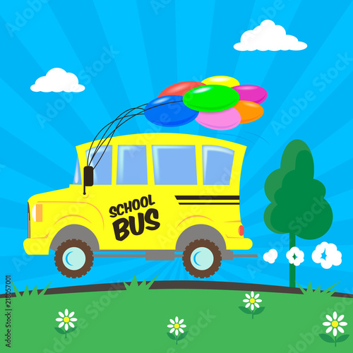 colorful vector simple flat illustration of a cartoon school bus with colored balloons