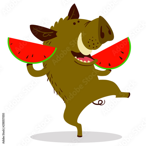 Cute boars or warthog character with slises of watermelon. Vector illustration with wild pigeating fruit.