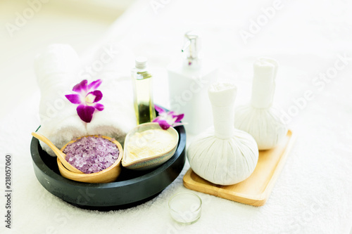 Herbal ball spa.Spa massage treatment products for good health on the white table.Close up spa body theme.spa ball