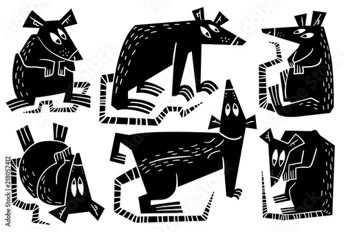 Cute rat and mouse silhouettes set. Collection of vector black engraving rodents. Design elements