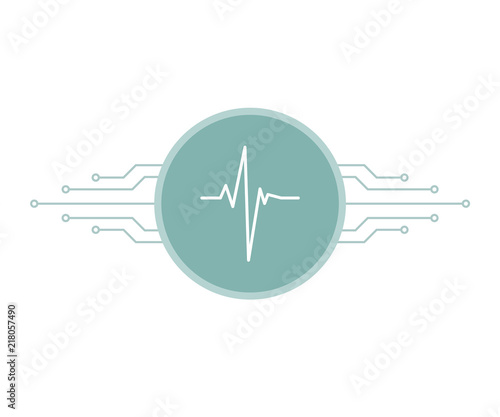 White heartbeat pulse on blue circle with printed circuit board microchip lines, smart telemedicine symbol, vector