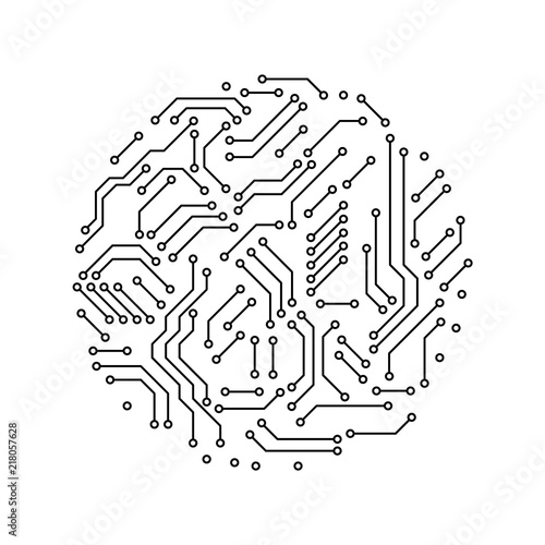 Printed circuit board black and white circle shape symbol of computer technology, vector photo