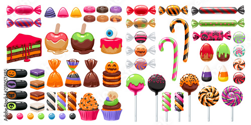 Halloween sweet treats set. Candies and snacks.