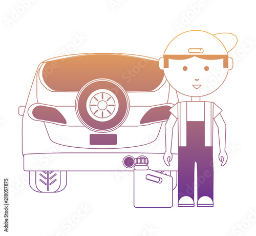 cartoon mechanic with car and galon over white background, vector illustration