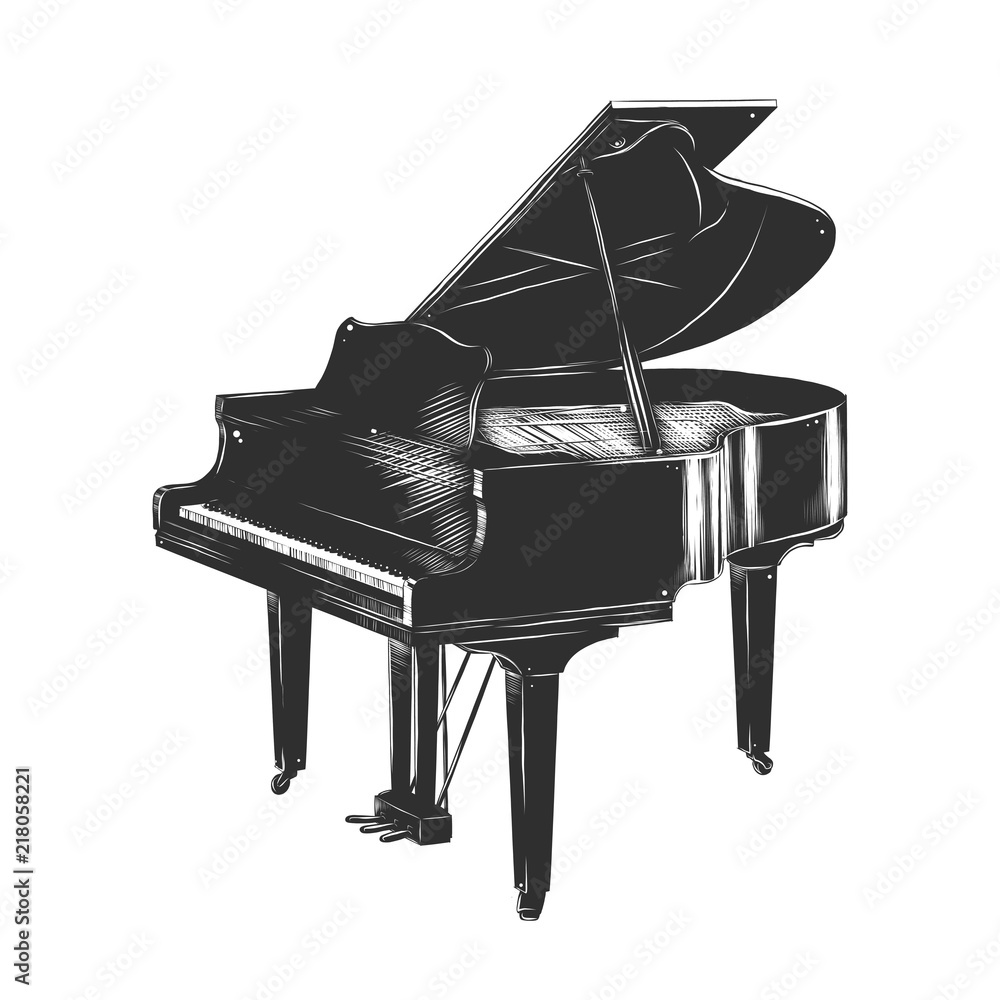 Fototapeta premium Vector engraved style illustration for posters, decoration and print. Hand drawn sketch of piano in monochrome isolated on white background. Detailed vintage woodcut style drawing.