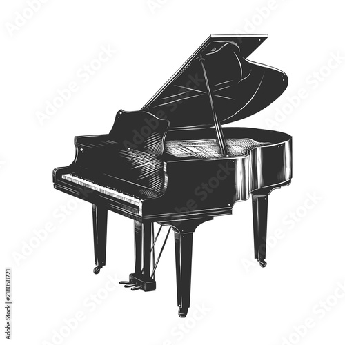 Vector engraved style illustration for posters, decoration and print. Hand drawn sketch of piano in monochrome isolated on white background. Detailed vintage woodcut style drawing.